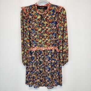 Code x Mode Floral Dress Size S Colorful Sheer Chiffon Ruffle V-Neck Cottagecore